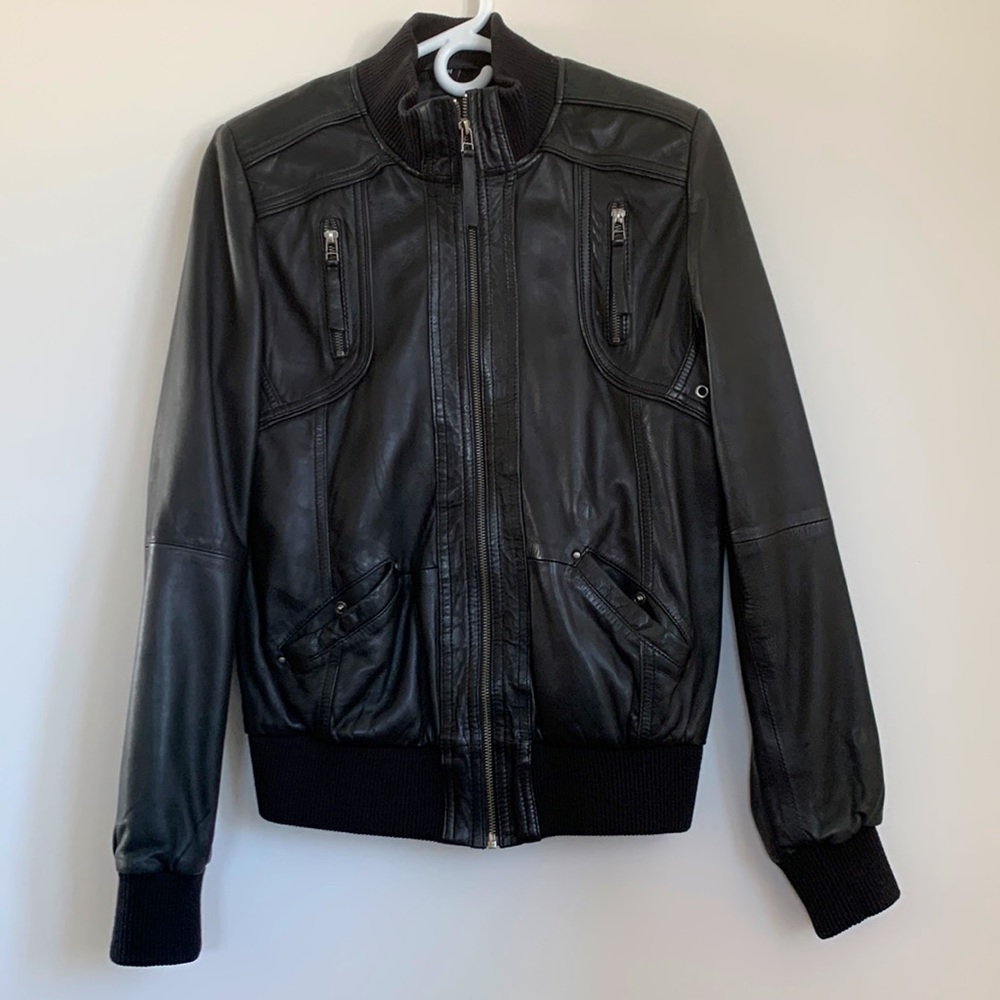 Soft real leather moto-style bomber jacket